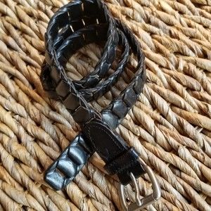 LEATHER BELT segmented black silver buckle 37"